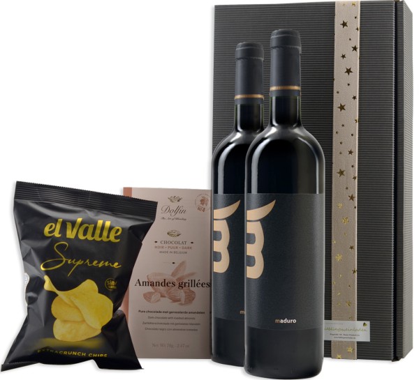 Weinpaket mit 2x Maduro, El Valle Chips mini und Dolfin Gebrannte Mandeln in Zartbitter